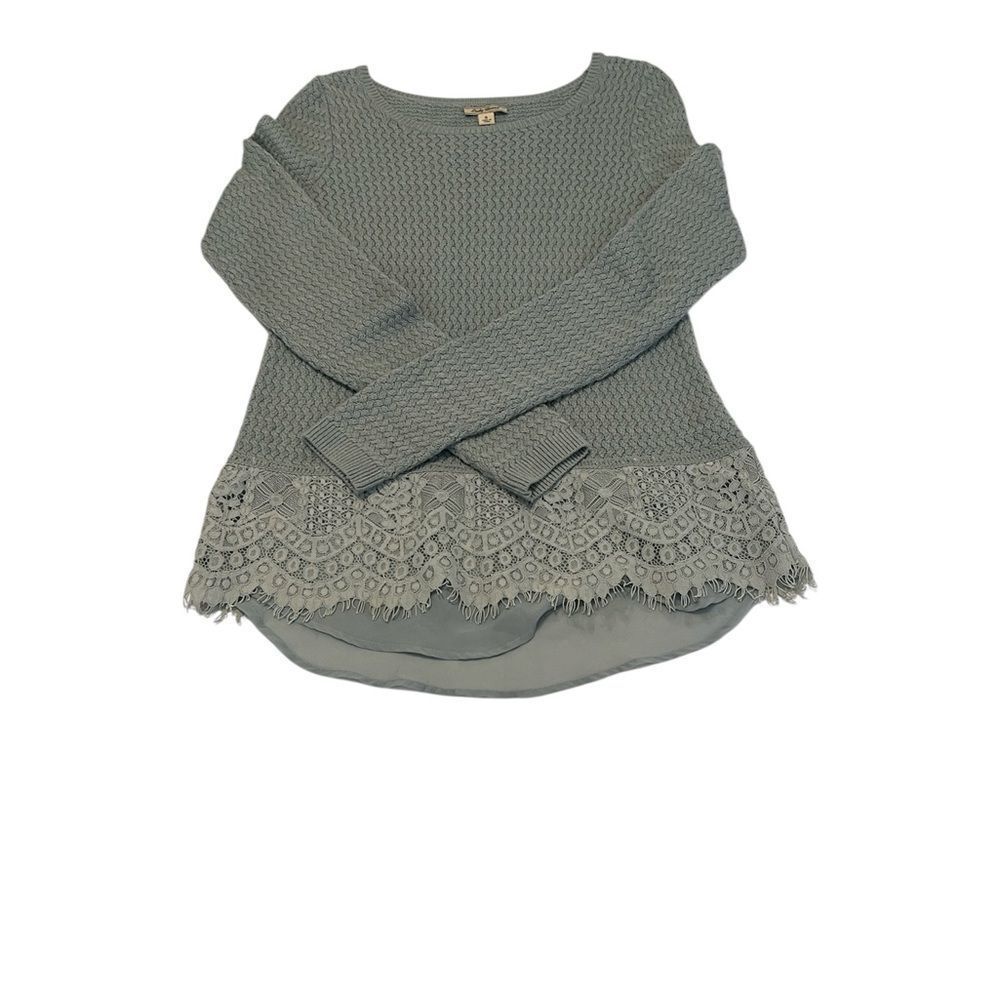 Lucky Brand szS long sleeve bluish grey tunic sweater lace and sheer trim EUC